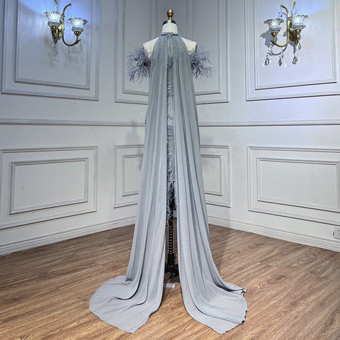 Gray Beaded Arabic Midi Ankle Length Evening Dresses  With Cape Feather Gowns 2025 For Women Wedding Party LA72060