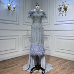 Gray Beaded Arabic Midi Ankle Length Evening Dresses  With Cape Feather Gowns 2025 For Women Wedding Party LA72060
