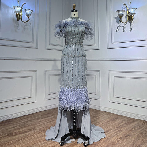 Gray Beaded Arabic Midi Ankle Length Evening Dresses  With Cape Feather Gowns 2025 For Women Wedding Party LA72060