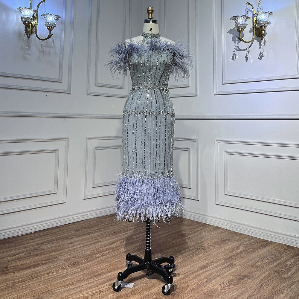 Gray Beaded Arabic Midi Ankle Length Evening Dresses  With Cape Feather Gowns 2025 For Women Wedding Party LA72060