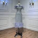 Gray Beaded Arabic Midi Ankle Length Evening Dresses  With Cape Feather Gowns 2025 For Women Wedding Party LA72060