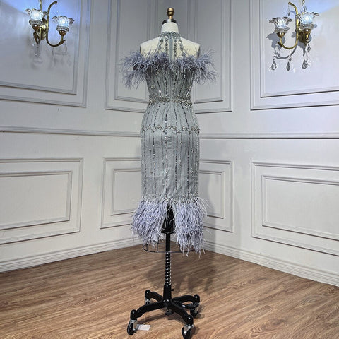 Gray Beaded Arabic Midi Ankle Length Evening Dresses  With Cape Feather Gowns 2025 For Women Wedding Party LA72060