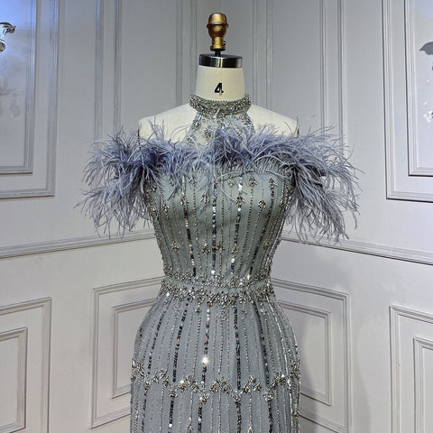 Gray Beaded Arabic Midi Ankle Length Evening Dresses  With Cape Feather Gowns 2025 For Women Wedding Party LA72060