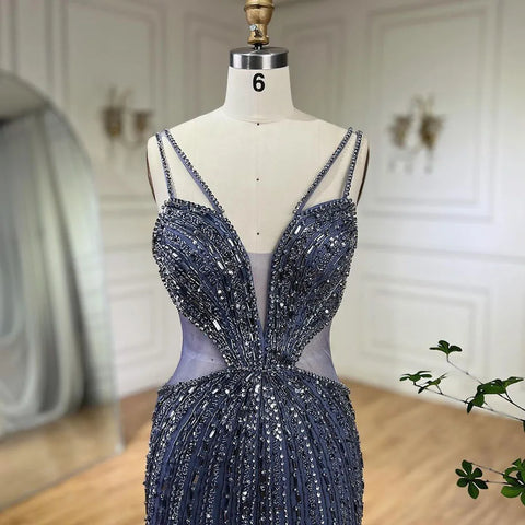 Blue Cut Out Spaghetti Straps Elegant Mermaid Evening Dresses Gowns Luxury Beaded For Woman Party 2025 LA72305