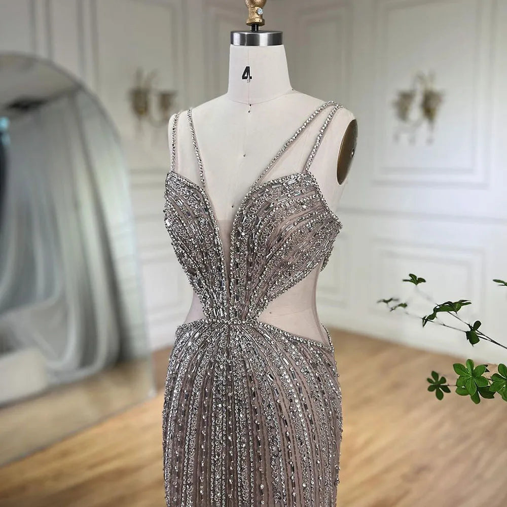 Blue Cut Out Spaghetti Straps Elegant Mermaid Evening Dresses Gowns Luxury Beaded For Woman Party 2025 LA72305
