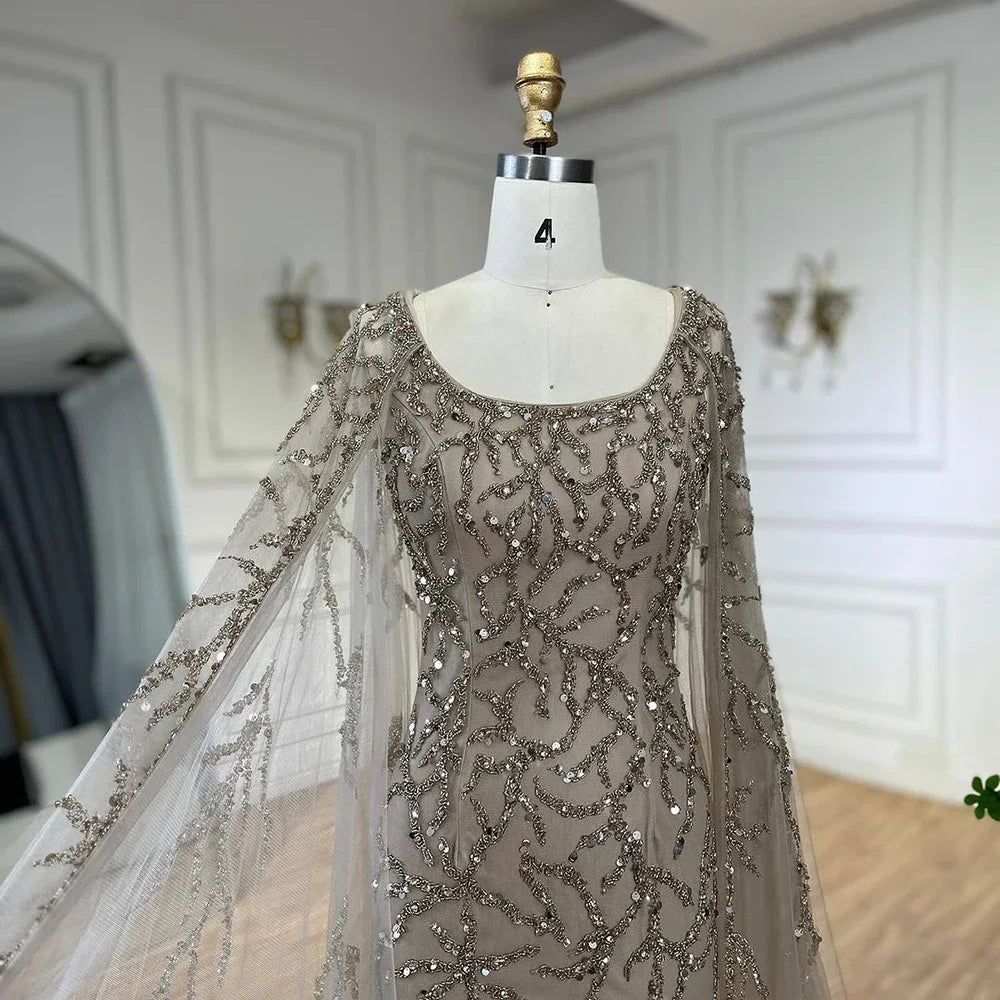 Gray Mermaid Arabic Evening Dresses Gowns Elegant Cape Sleeves Luxury Beaded 2025 For Women Wedding Party LA72149