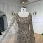 Gray Mermaid Arabic Evening Dresses Gowns Elegant Cape Sleeves Luxury Beaded 2025 For Women Wedding Party LA72149