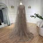 Gray Mermaid Arabic Evening Dresses Gowns Elegant Cape Sleeves Luxury Beaded 2025 For Women Wedding Party LA72149