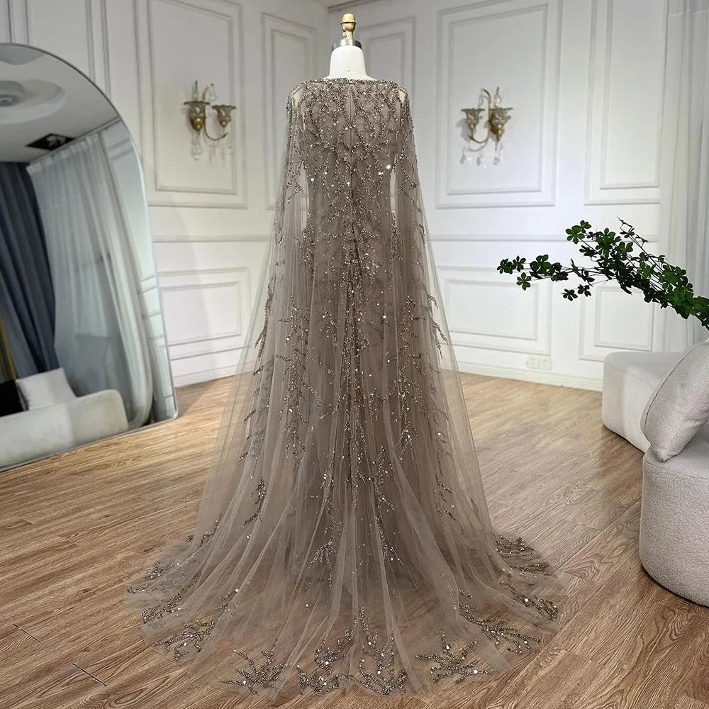 Gray Mermaid Arabic Evening Dresses Gowns Elegant Cape Sleeves Luxury Beaded 2025 For Women Wedding Party LA72149