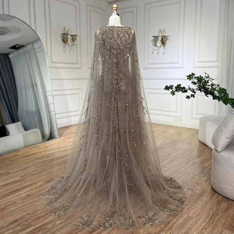 Gray Mermaid Arabic Evening Dresses Gowns Elegant Cape Sleeves Luxury Beaded 2025 For Women Wedding Party LA72149