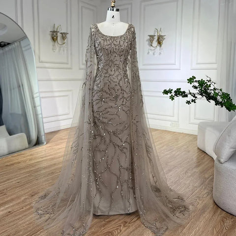 Gray Mermaid Arabic Evening Dresses Gowns Elegant Cape Sleeves Luxury Beaded 2025 For Women Wedding Party LA72149