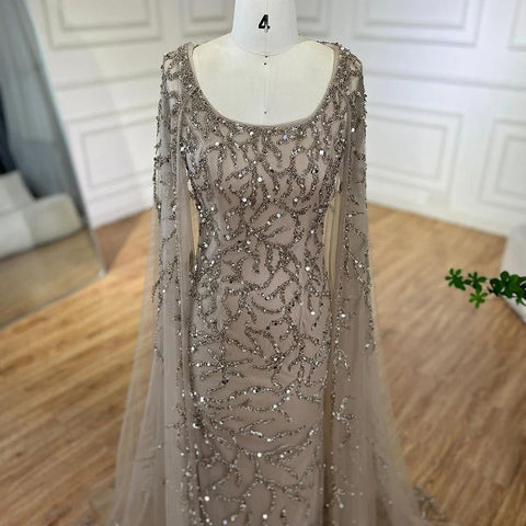 Gray Mermaid Arabic Evening Dresses Gowns Elegant Cape Sleeves Luxury Beaded 2025 For Women Wedding Party LA72149