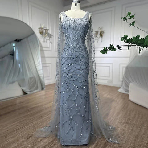 Gray Mermaid Arabic Evening Dresses Gowns Elegant Cape Sleeves Luxury Beaded 2025 For Women Wedding Party LA72149