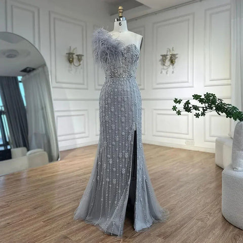 Gray Mermaid One Shoulder High Split Beaded Feather Luxury Evening Dresses Gowns For Women Party 2025 LA72347