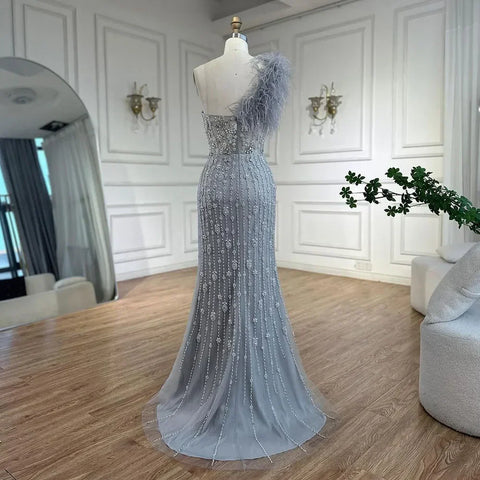 Gray Mermaid One Shoulder High Split Beaded Feather Luxury Evening Dresses Gowns For Women Party 2025 LA72347