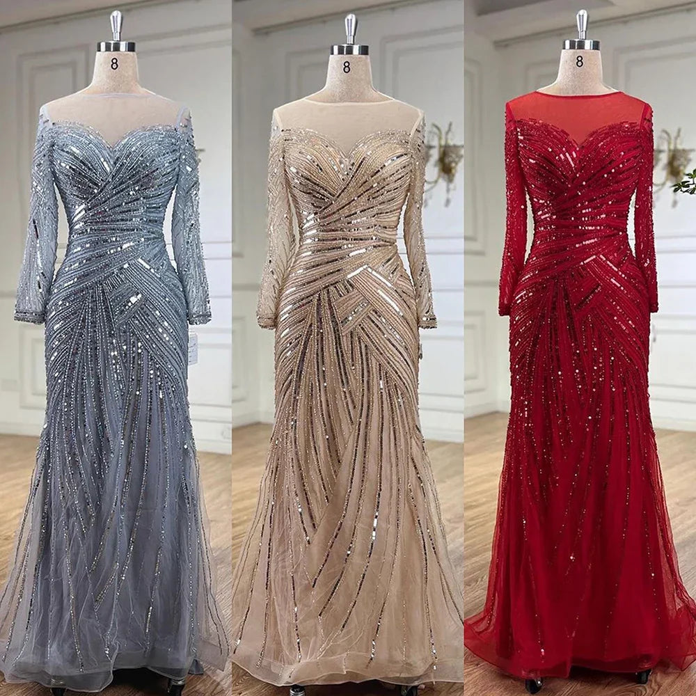 Gray Muslim Luxury Beaded Mermaid Evening Gowns Elegant Floor Length Party Dresses For Women Wedding 2025 LA72295