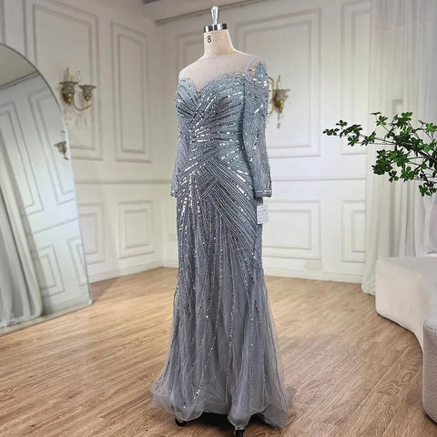 Gray Muslim Luxury Beaded Mermaid Evening Gowns Elegant Floor Length Party Dresses For Women Wedding 2025 LA72295