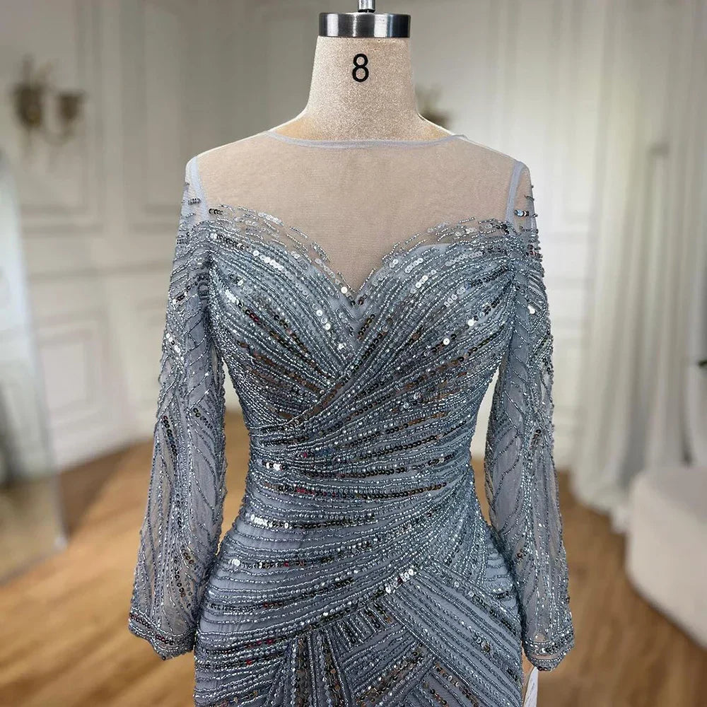 Gray Muslim Luxury Beaded Mermaid Evening Gowns Elegant Floor Length Party Dresses For Women Wedding 2025 LA72295