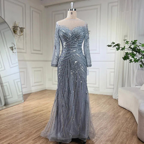 Gray Muslim Luxury Beaded Mermaid Evening Gowns Elegant Floor Length Party Dresses For Women Wedding 2025 LA72295