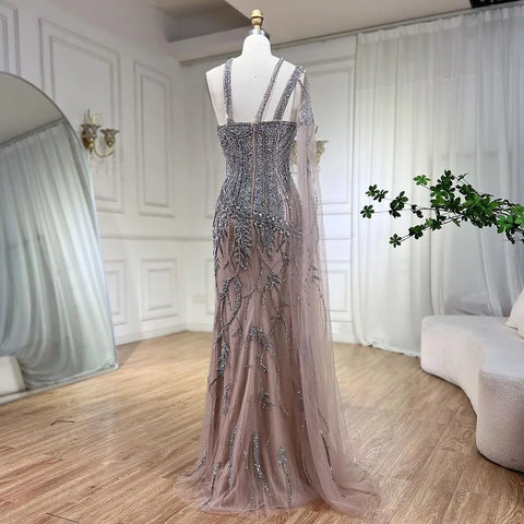 Gray Nude One-Shoulder Cape Sleeves Mermaid Evening Dress High Split Beaded Long Gown for Woman Party LA72368