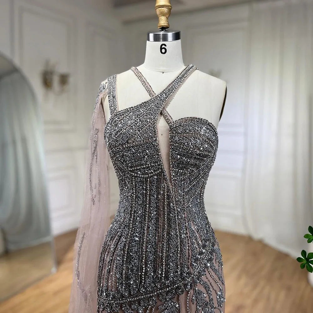 Gray Nude One-Shoulder Cape Sleeves Mermaid Evening Dress High Split Beaded Long Gown for Woman Party LA72368