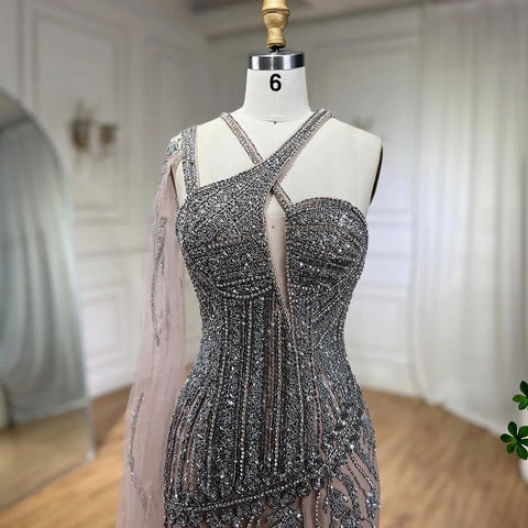 Gray Nude One-Shoulder Cape Sleeves Mermaid Evening Dress High Split Beaded Long Gown for Woman Party LA72368