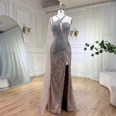 Gray Nude One-Shoulder Cape Sleeves Mermaid Evening Dress High Split Beaded Long Gown for Woman Party LA72368