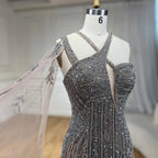 Gray Nude One-Shoulder Cape Sleeves Mermaid Evening Dress High Split Beaded Long Gown for Woman Party LA72368