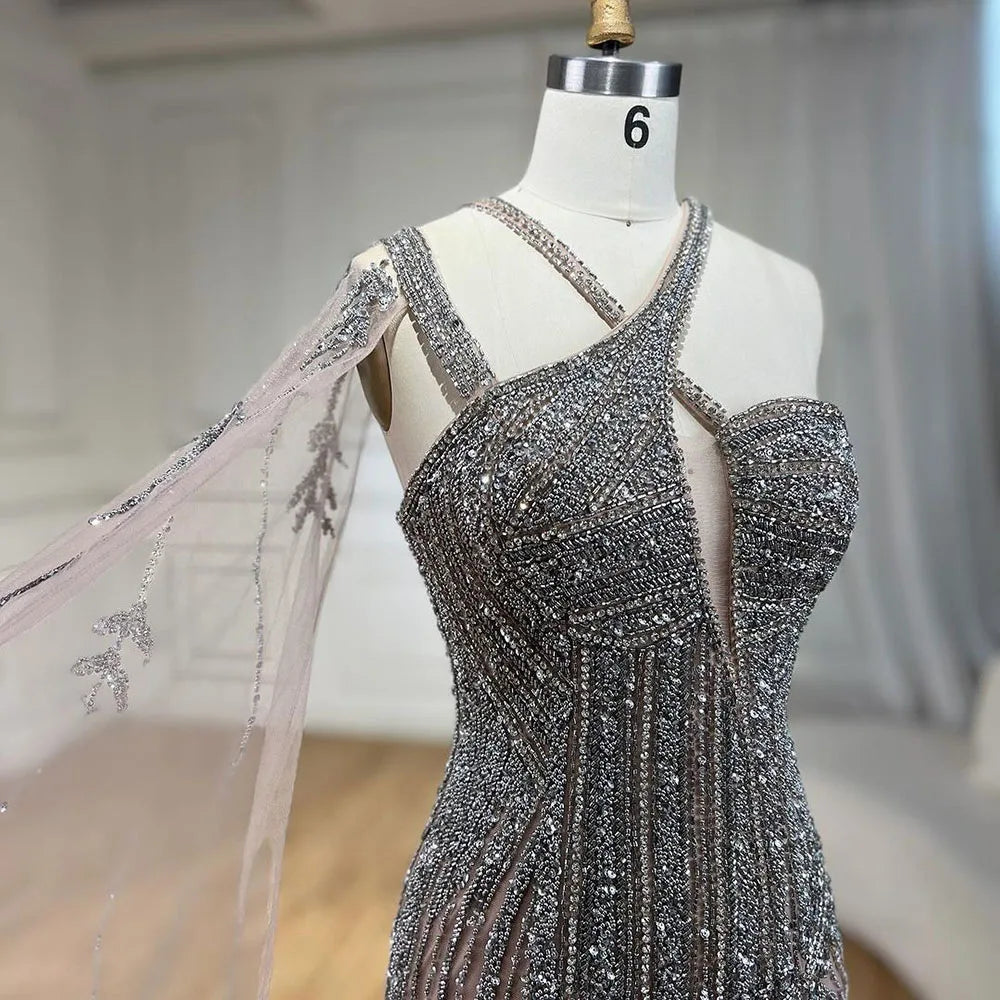 Gray Nude One-Shoulder Cape Sleeves Mermaid Evening Dress High Split Beaded Long Gown for Woman Party LA72368
