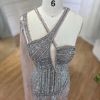 Gray Nude One-Shoulder Cape Sleeves Mermaid Evening Dress High Split Beaded Long Gown for Woman Party LA72368