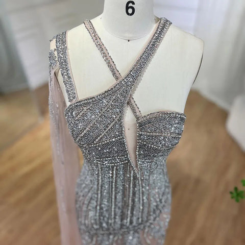 Gray Nude One-Shoulder Cape Sleeves Mermaid Evening Dress High Split Beaded Long Gown for Woman Party LA72368