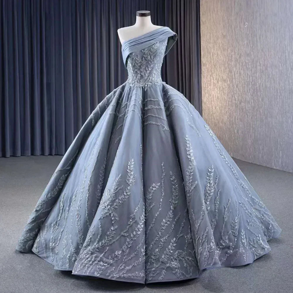 Gray One Shoulder Lace Up Beaded Luxury Ball Gown Bride Gowns Wedding Dress 2025 High End Custom Made HM231074