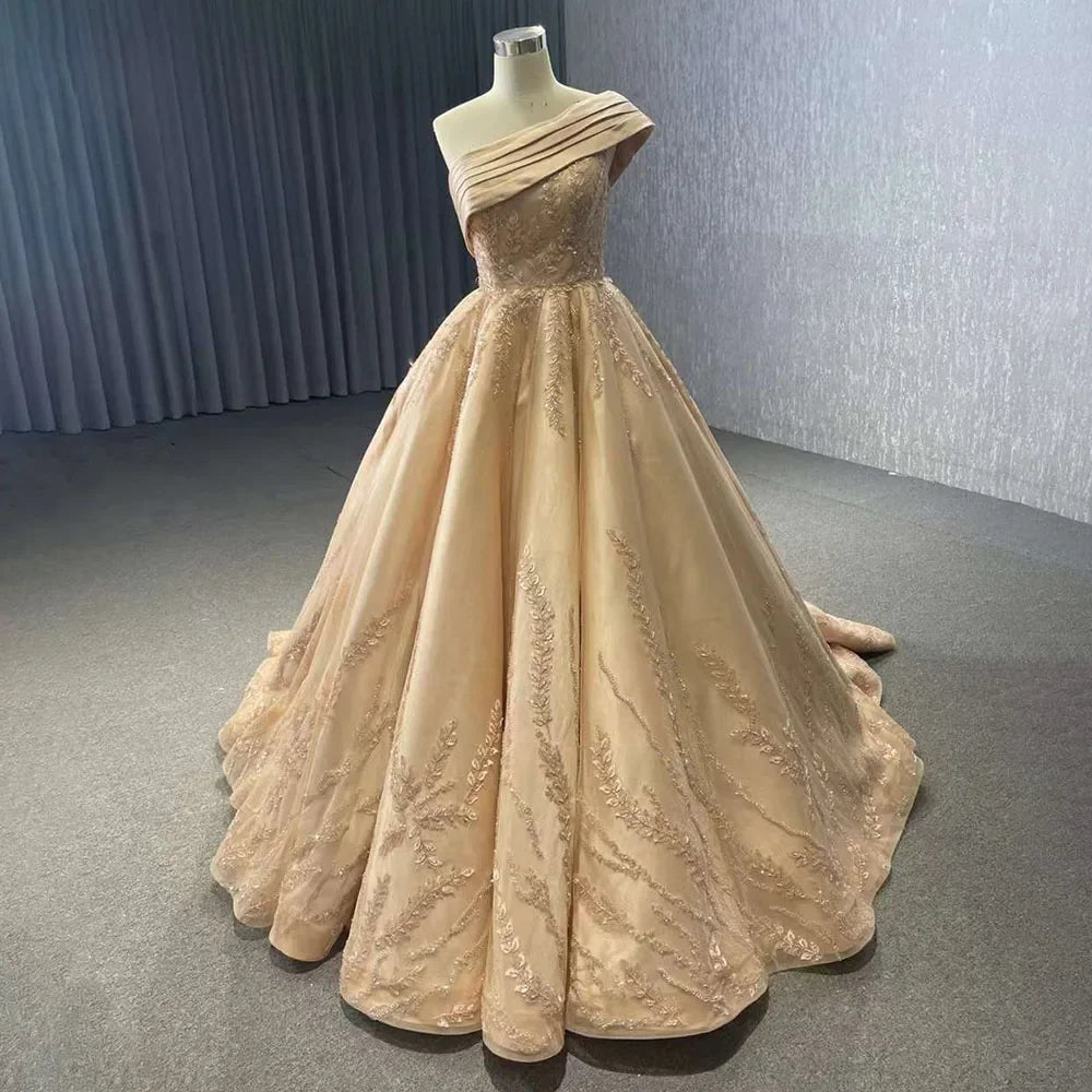 Gray One Shoulder Lace Up Beaded Luxury Ball Gown Bride Gowns Wedding Dress 2025 High End Custom Made HM231074