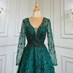 Green A-Line V-Neck Long Sleeves Evening Dresses Gowns Luxury Beaded 2025 For Women Wedding Party LA71702