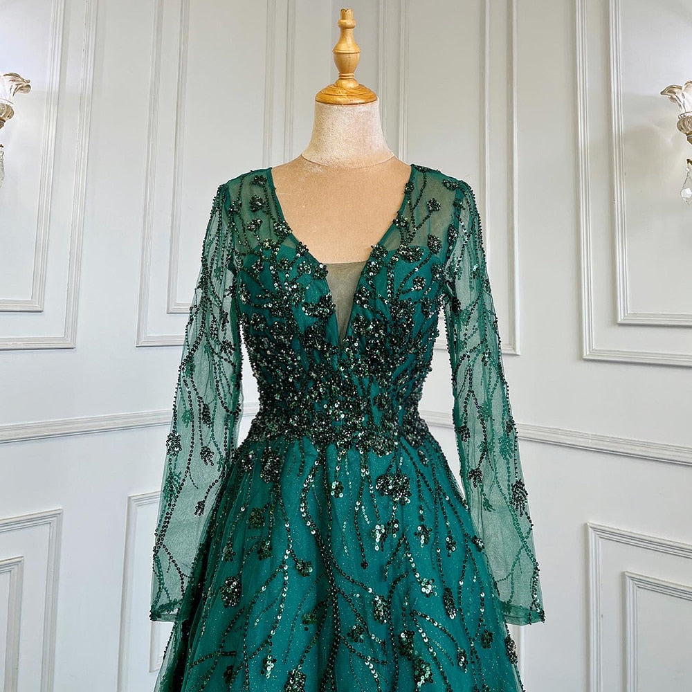 Green A-Line V-Neck Long Sleeves Evening Dresses Gowns Luxury Beaded 2025 For Women Wedding Party LA71702