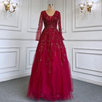 Green A-Line V-Neck Long Sleeves Evening Dresses Gowns Luxury Beaded 2025 For Women Wedding Party LA71702