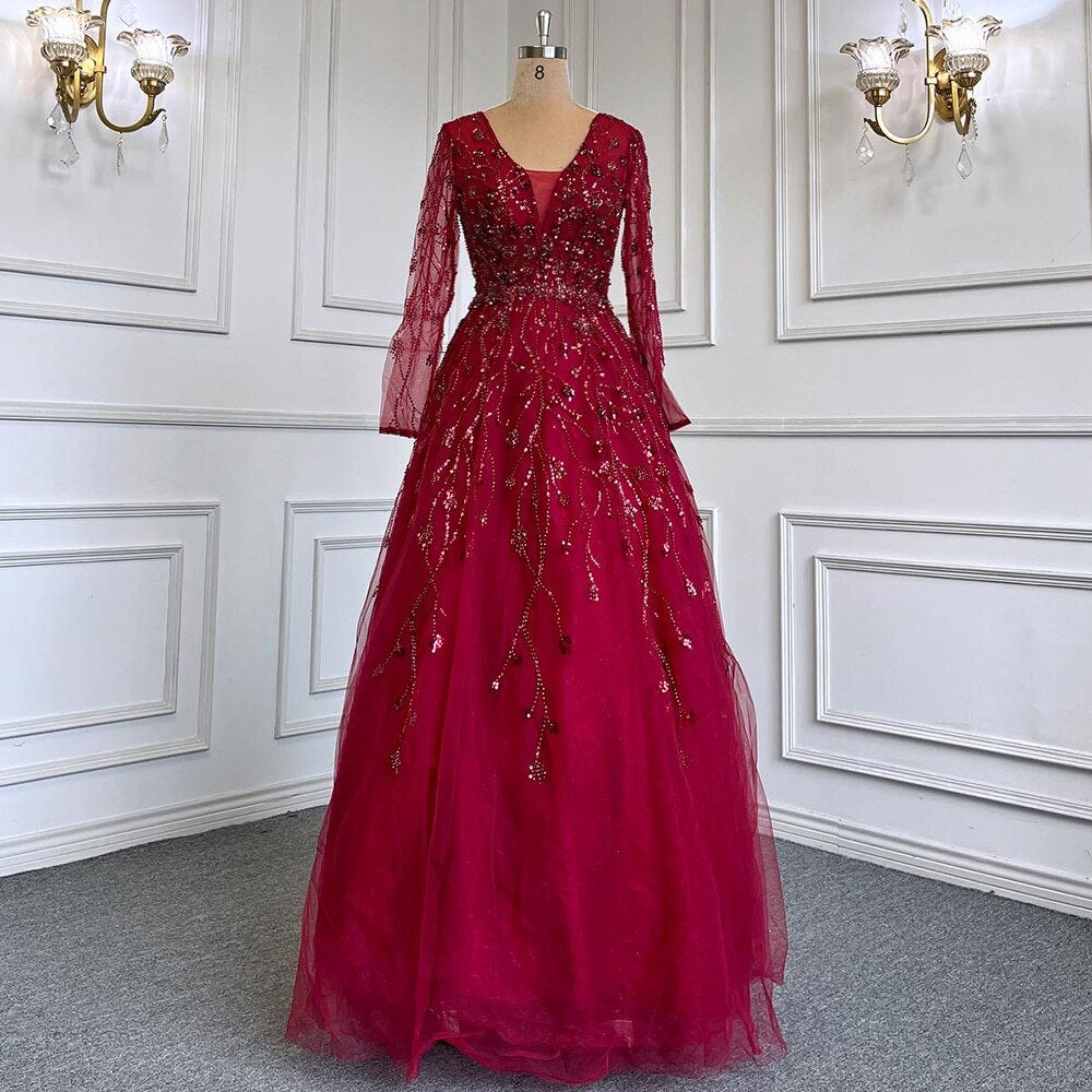 Green A-Line V-Neck Long Sleeves Evening Dresses Gowns Luxury Beaded 2025 For Women Wedding Party LA71702