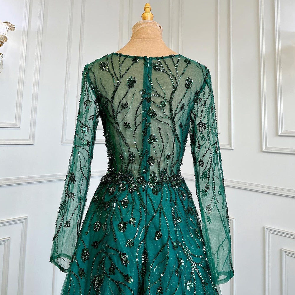 Green A-Line V-Neck Long Sleeves Evening Dresses Gowns Luxury Beaded 2025 For Women Wedding Party LA71702