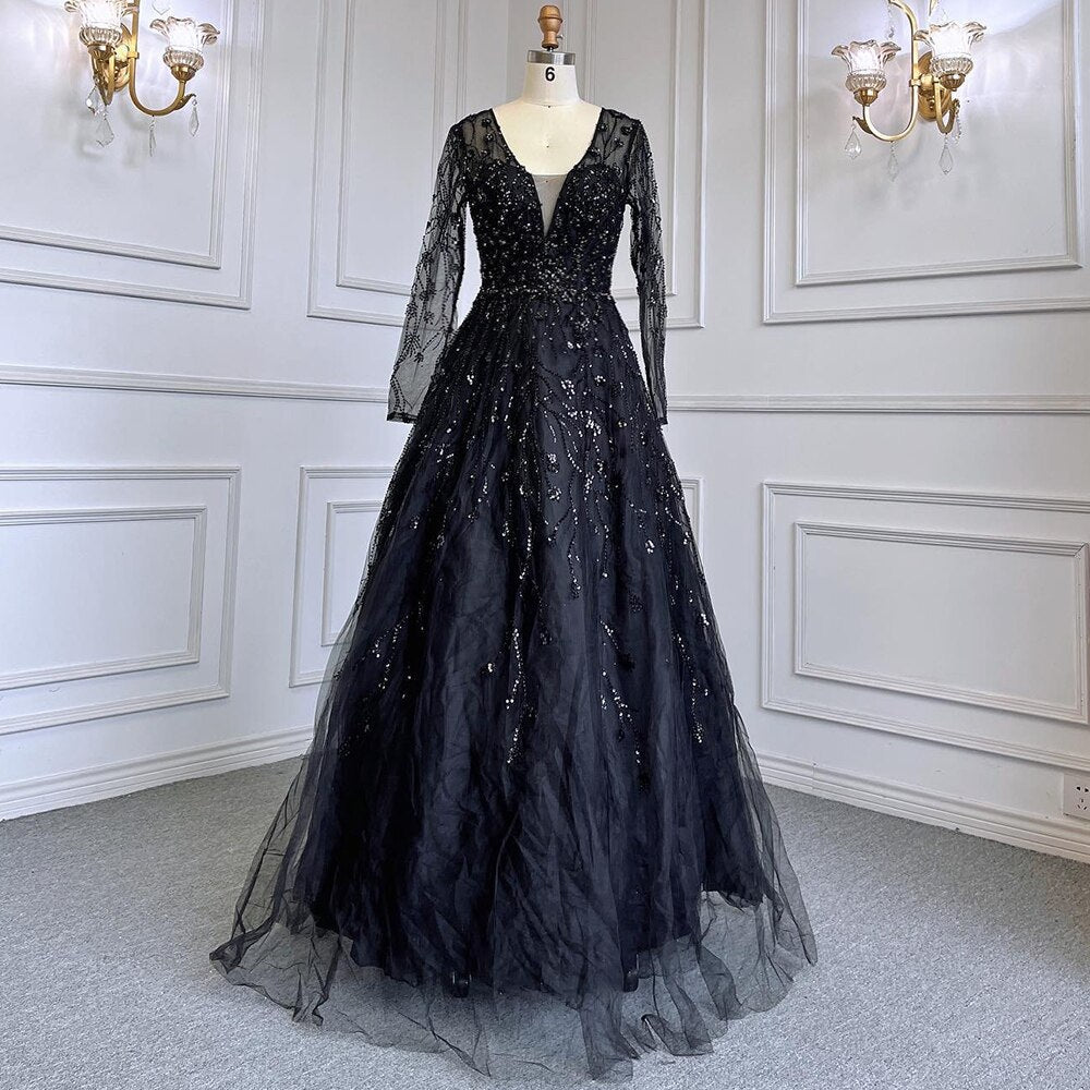 Green A-Line V-Neck Long Sleeves Evening Dresses Gowns Luxury Beaded 2025 For Women Wedding Party LA71702