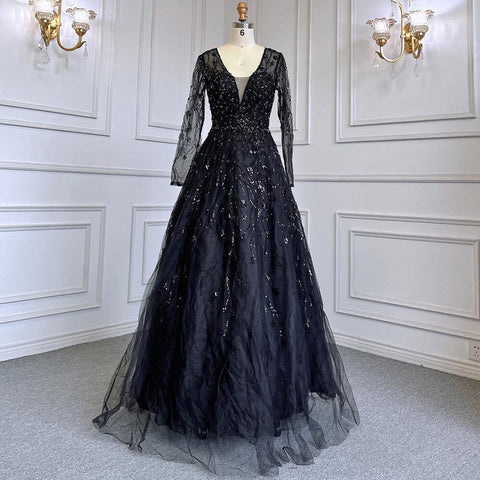 Green A-Line V-Neck Long Sleeves Evening Dresses Gowns Luxury Beaded 2025 For Women Wedding Party LA71702