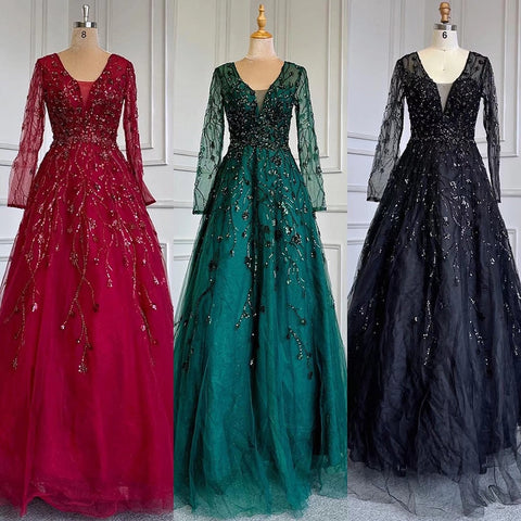 Green A-Line V-Neck Long Sleeves Evening Dresses Gowns Luxury Beaded 2025 For Women Wedding Party LA71702