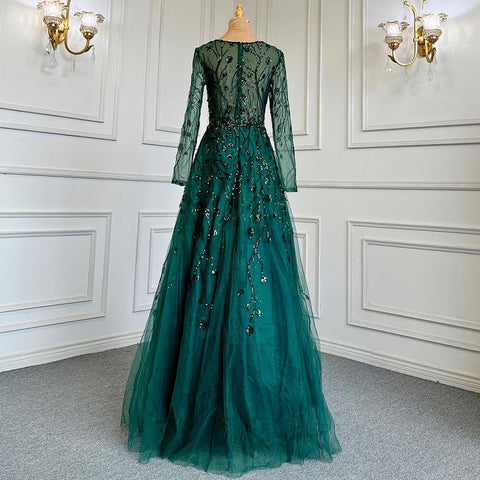 Green A-Line V-Neck Long Sleeves Evening Dresses Gowns Luxury Beaded 2025 For Women Wedding Party LA71702