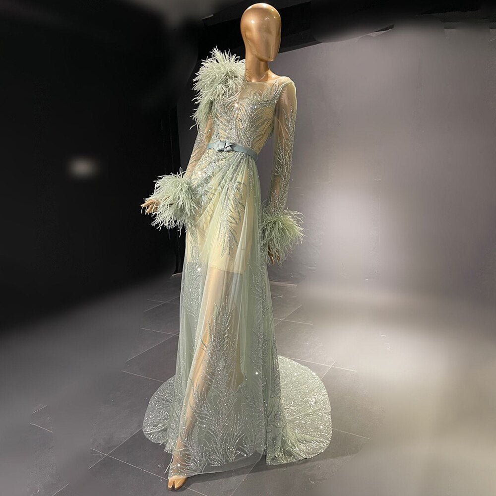 Green Beaded Feather Evening Dresses Gowns 2025 A-Line Luxury Elegant For Women Party LA71535