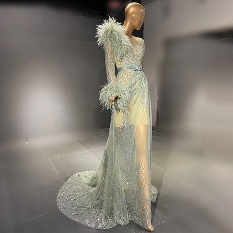 Green Beaded Feather Evening Dresses Gowns 2025 A-Line Luxury Elegant For Women Party LA71535