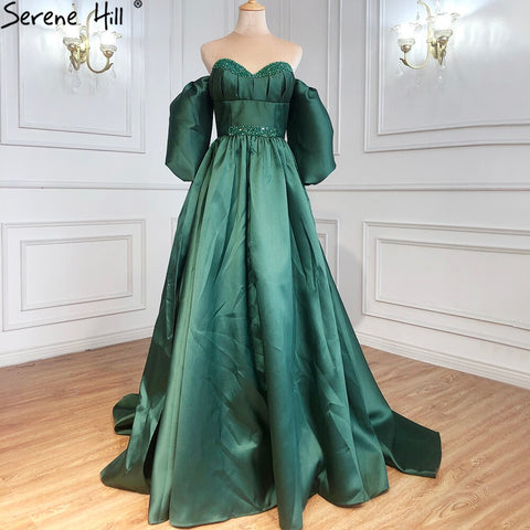 Green Beading Satin Evening Dresses Gowns 2025 A-Line Long  For Women Party LA71008