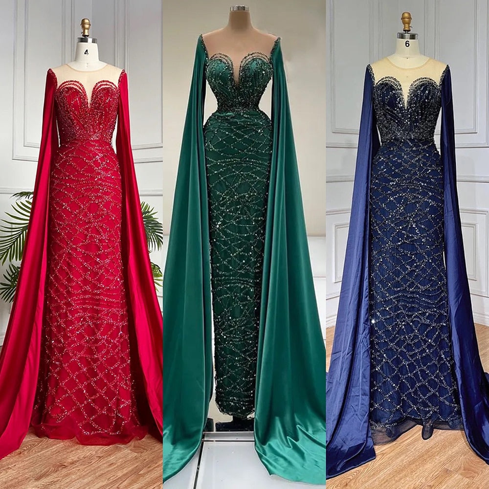 Green Cape Sleeves Luxury Evening Dresses Gowns 2025 Mermaid Beaded Elegant For Women Party LA71668