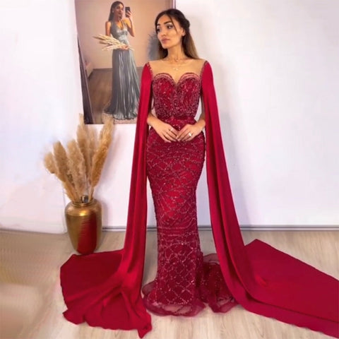 Green Cape Sleeves Luxury Evening Dresses Gowns 2025 Mermaid Beaded Elegant For Women Party LA71668