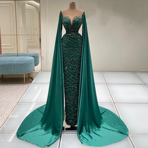 Green Cape Sleeves Luxury Evening Dresses Gowns 2025 Mermaid Beaded Elegant For Women Party LA71668