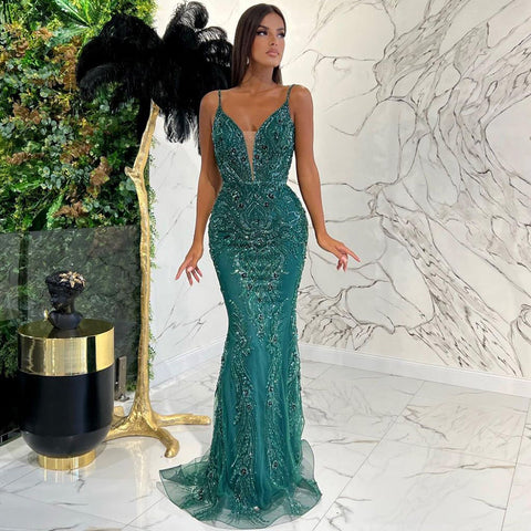Green Detachable Skirt Sexy Spaghetti Straps Evening Dresses Gowns Mermaid Elegant Luxury Beaded 2025 Party LA71363