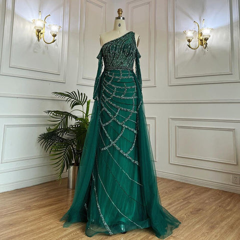 Green Elegant Floor Length Mermaid Sexy One Shoulder Beaded Evening Dresses Luxury Gowns For Woman 2025 LA71894